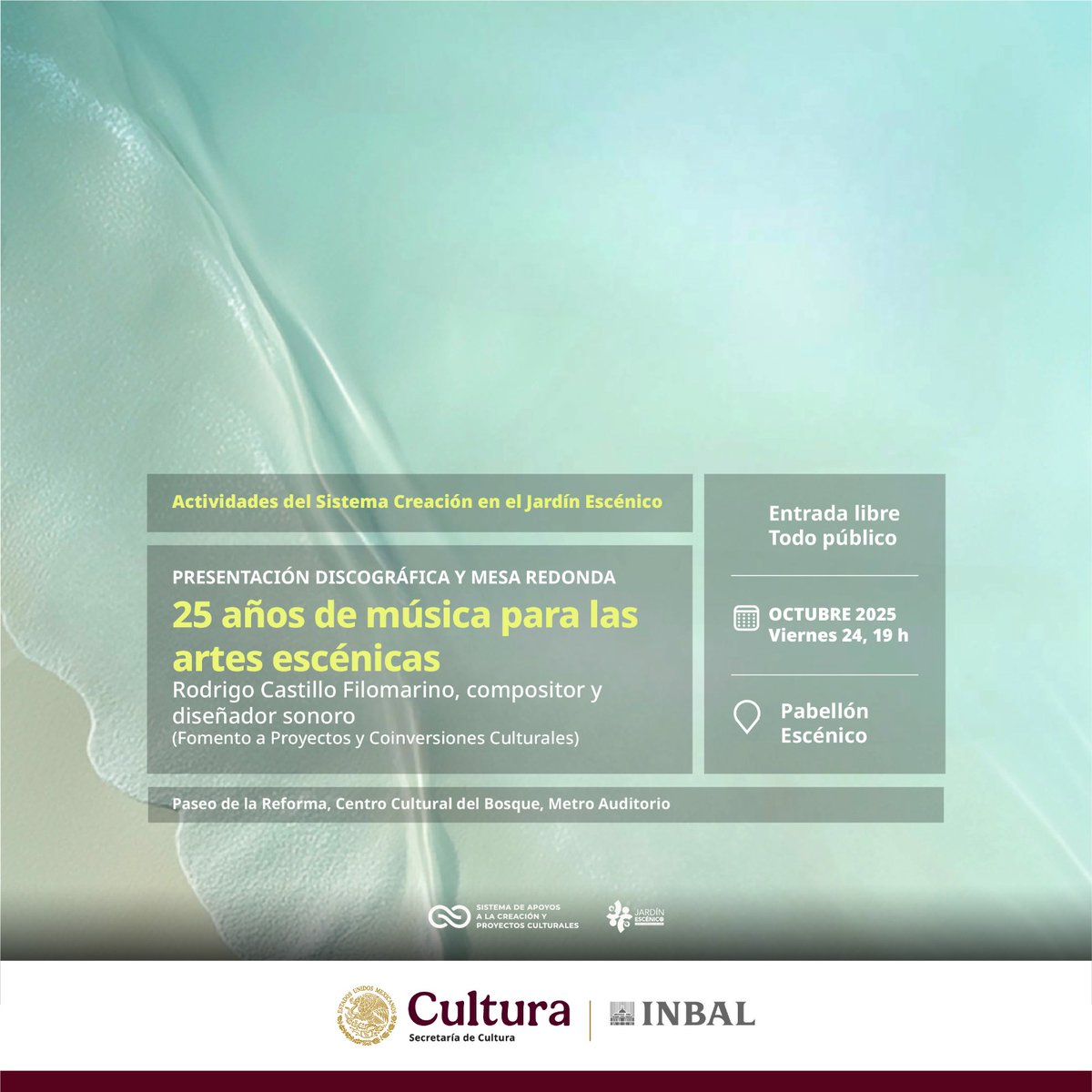 Asiste a la presentación de “25 años de música para las artes escénicas". Además, el compositor y diseñador sonoro <a href="/filomarinomx/">Rod Castillo Filo</a> (FPCC) ofrecerá un concierto.

24 de octubre, 19 h
<a href="/jardinescenico/">jardinescenico</a> 
Entrada libre

<a href="/cultura_mx/">Secretaría de Cultura</a>