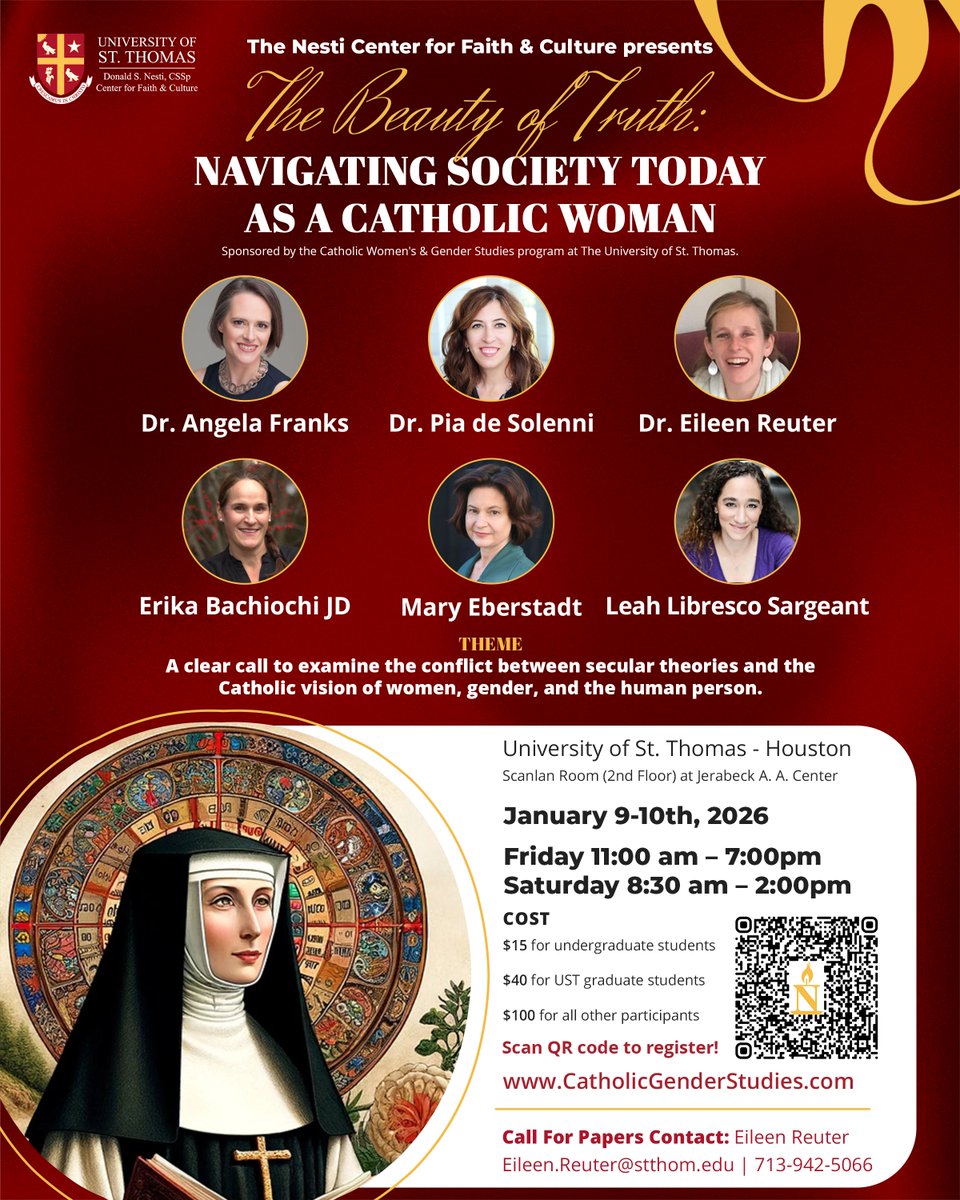 📢In a culture confused about men, women &amp; the human person, the Church offers wisdom, clarity &amp; hope. 

Join us JAN 9th–10th, 2026 at <a href="/stthomashouston/">University of St. Thomas</a> for talks by leading Catholic voices on gender, sexuality &amp; family life.  

Tickets: givecampus.com/schools/Univer… 

#CatholicWomen