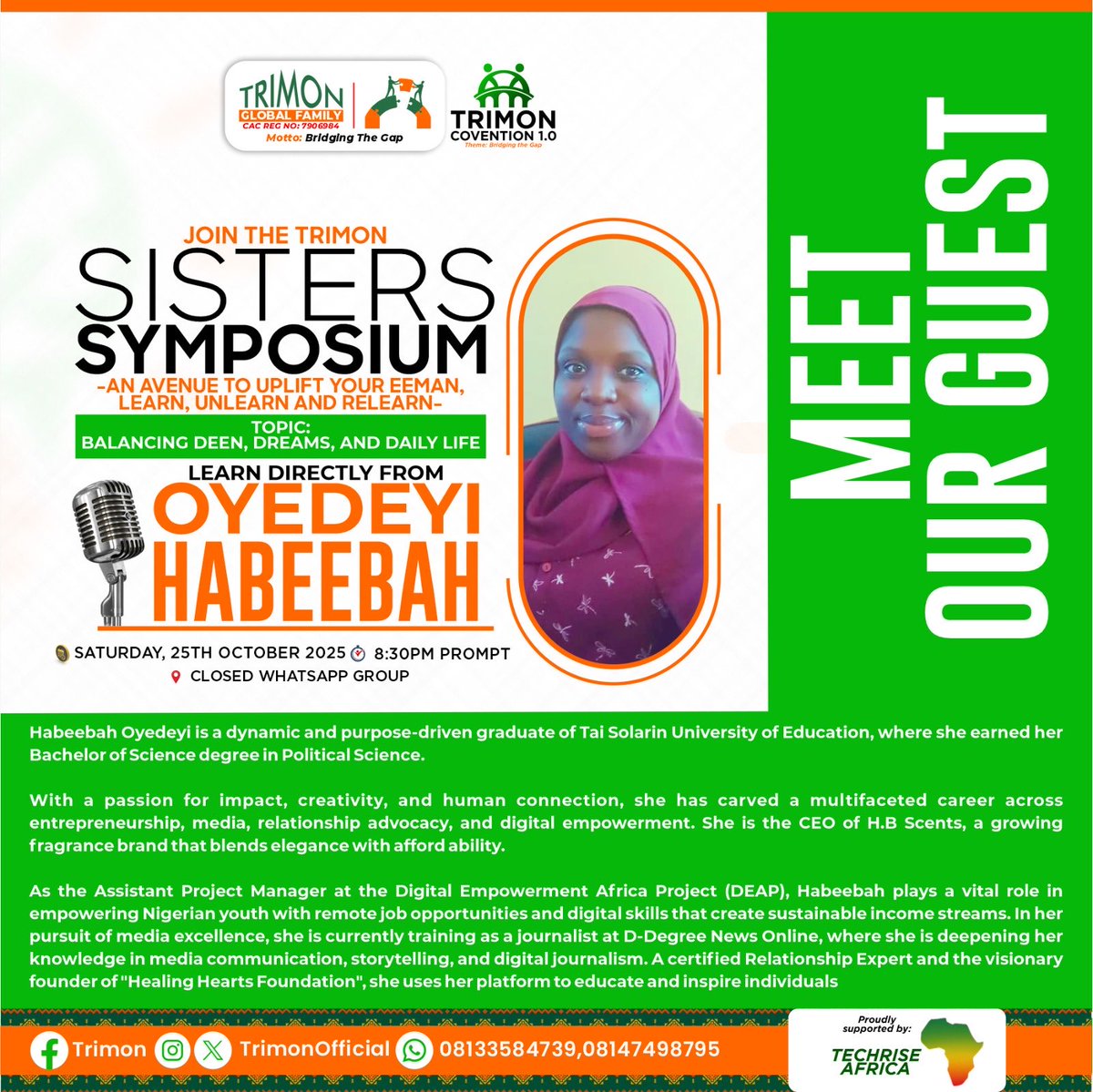 Join us for a soul uplifting session this weekend with <a href="/HOyedeyi/">Habeebah Oyedeyi</a> 

#sisters #muslimah #trimon
