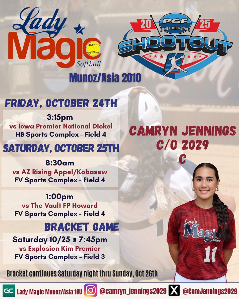 CamJennings2029's tweet photo. Schedule’s for this weekends out!! See you down in SoCal! 🏖️ @LM_Munoz_Asia #ladymagic #classof2029 #fallball #magicboom #SoCal #pgfshootout https://t.co/dHKwcr1wi7