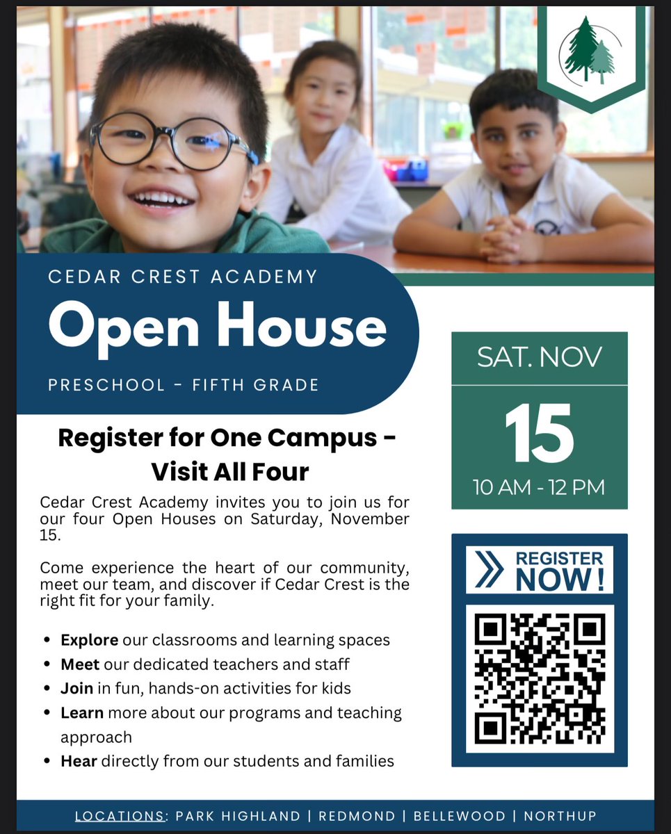kunalprakashm's tweet photo. Parents in Bellevue/Redmond: Cedar Crest Academy’s Open House is on Nov 15 (10 AM–12 PM)! Great chance to explore programs for preschool through 5th grade. https://t.co/Ucc4490OGZ