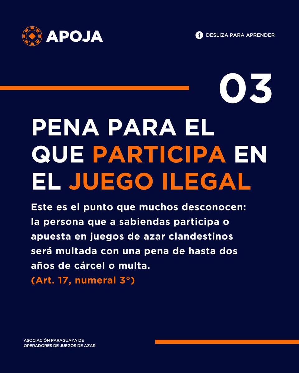 apoja_py's tweet image. Te mostramos los castigos que pone la Ley N° 4716, que pueden ser multas o hasta 5 años de cárcel.

Un dato clave: el castigo no es solo para el dueño del local, sino también para los que ayudan e incluso para los que apuestan.

Puedes contactarnos por WhatsApp al 0984 120925