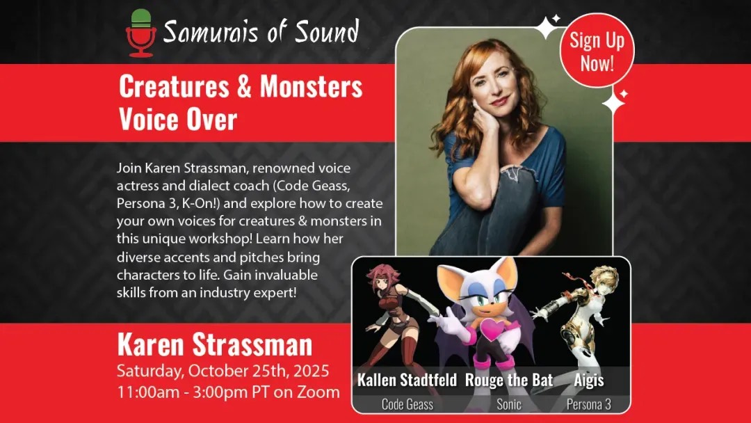 🎙️ Unleash your inner monster 👹
Join Karen Strassman (Code Geass, Persona 3, K-On!) for a live Creatures &amp; Monsters Voice Over Workshop — learn to craft unforgettable creature voices!
🗓️ Oct 25 | 11AM PT | Zoom
🎟️ bit.ly/monstervo
#VoiceActing #KarenStrassman #VO #Anime