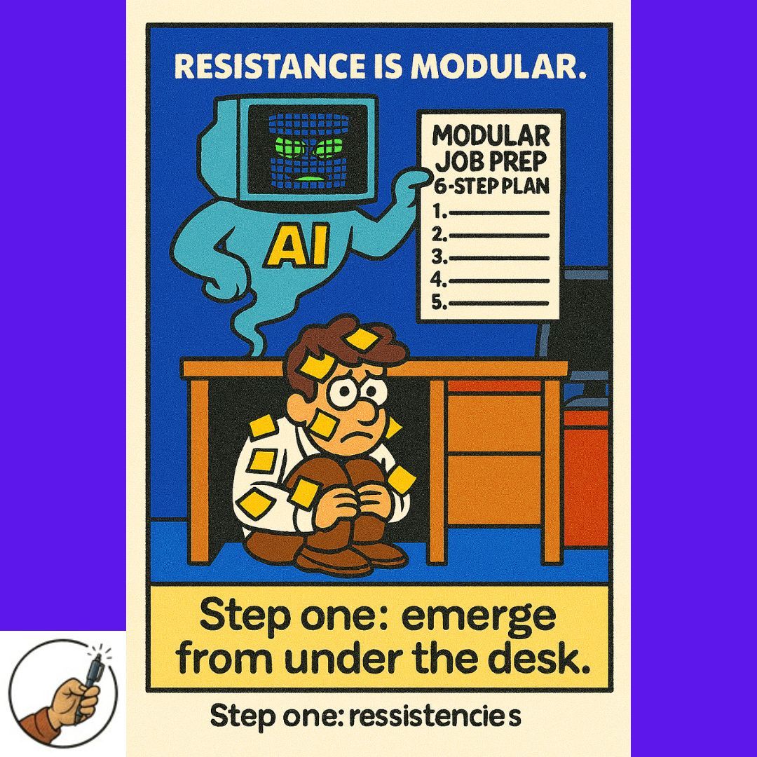 DrawnToWork's tweet image. When AI shows up with a prep sheet and glowing grid eyes, you know it’s time to stop hiding and start organizing. 

#ResistanceIsModular #CartoonCampaign #JobSearchHumor #AIandMe #ModularPrep #WorkflowClarity #StickyNoteArmor #Winkisms #VisualStorytelling #CampaignPanels