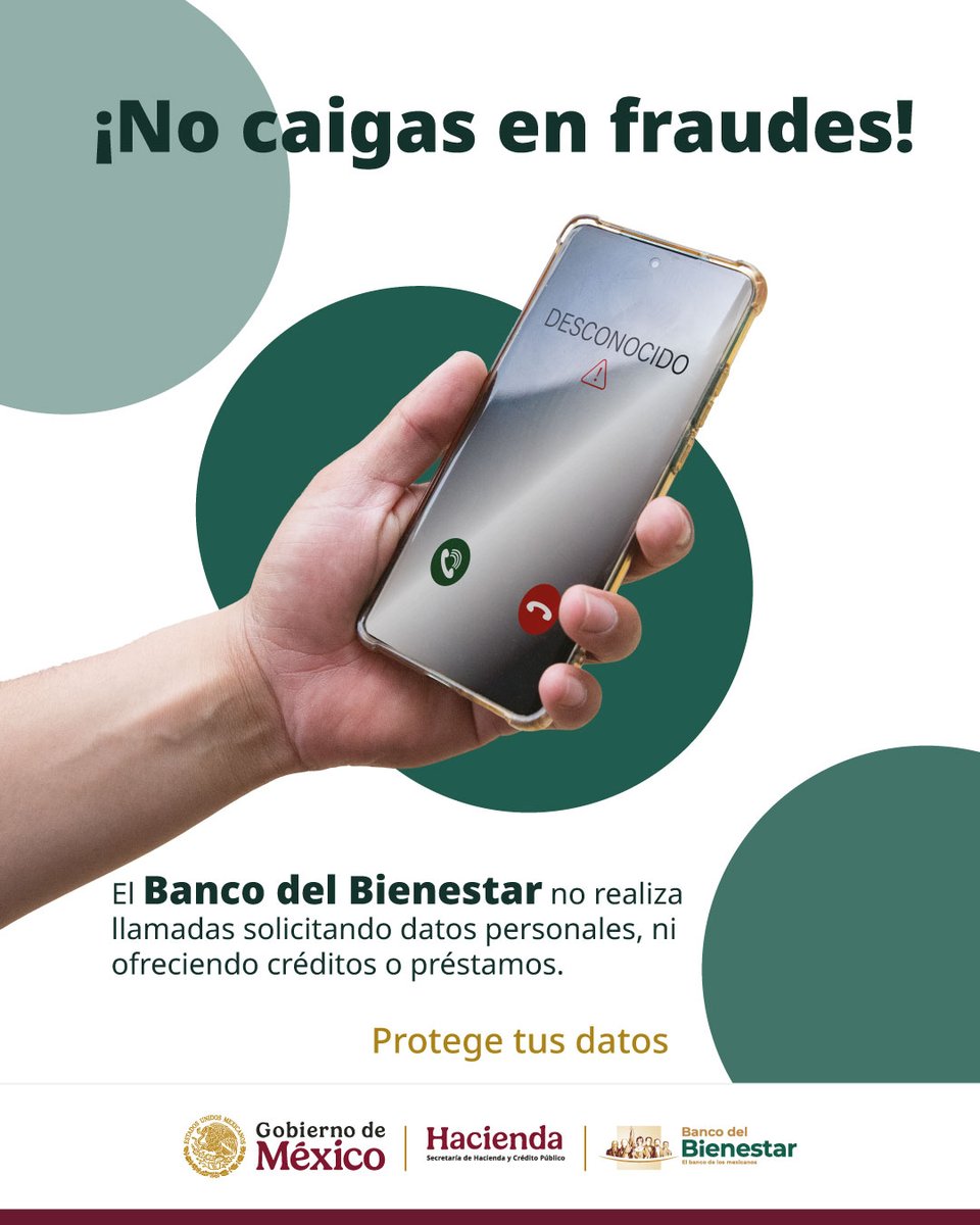 🚨¡No caigas en fraudes!🚨

Recuerda que el #BancoDelBienestar no realiza llamadas 📞 solicitando tus datos personales ni ofreciendo créditos o préstamos.

Protege tus datos❗ Infórmate solo en nuestros canales oficiales.