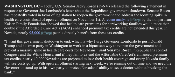 .<a href="/SenJackyRosen/">Senator Jacky Rosen</a> responds to Gov. <a href="/JosephMLombardo/">Governor Joe Lombardo</a>'s letter urging her to vote to reopen the government. The tl;dr: No. MORE: