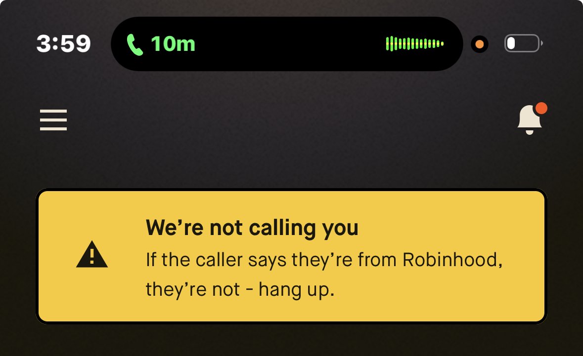 Nostroah's tweet image. This is one of the best security features I've ever seen a bank or card offer its users.
@RobinhoodApp recognizes when I'm on a phone call and proactively warns me that it isn't them (in case a scammer is calling). Just another reason why I'm bullish on $HOOD and the gold card.