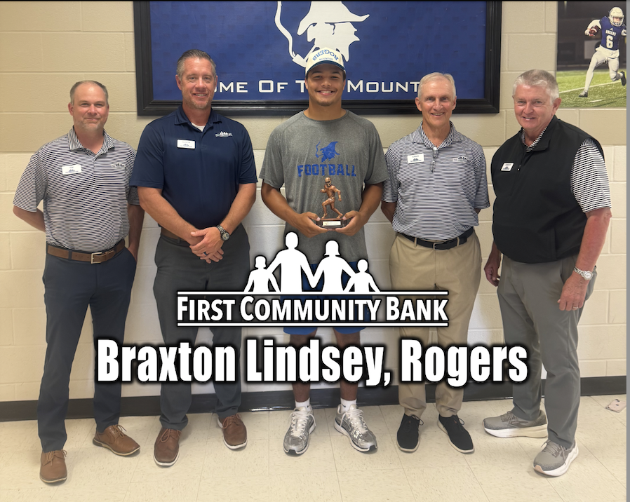HootensARFBall's tweet photo. First Community Bank Scholar Athlete of the Week- Braxton Lindsey, Rogers. Congrats Braxton and you can see him Thursday night as Rogers hosts Bentonville with the #1 seed and conf championship on the line.  @RogersMountieFB @BraxtonTrev  @FCBANK1997 @CoachHarb17 https://t.co/GizfqkcyEr
