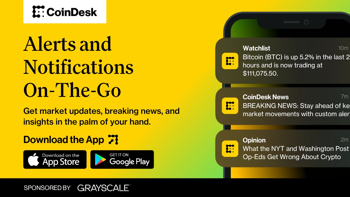 🔔 BREAKING NEWS, On-The-Go: Get market updates, breaking news, and custom price  alerts delivered straight to your phone with the CoinDesk App. 📲 Download:  https://t.co/CjU59Xwlwh [Exclusively sponsored by @Grayscale]