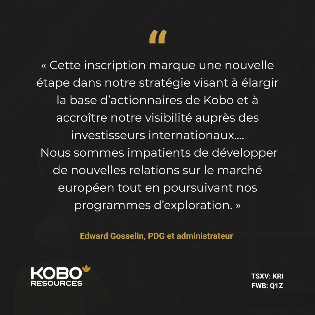 KoboResources's tweet photo. Kobo Resources is now listed on the Frankfurt Stock Exchange (FWB: Q1Z).

This marks another step in expanding our global investor access and visibility as we advance exploration across West Africa.

TSXV: KRI | FWB: Q1Z

https://t.co/HoQfYHToX2

#KoboResources #BörseFrankfurt #WestAfricaExploration #FWB #TSXV #Mining #GoldExploration
