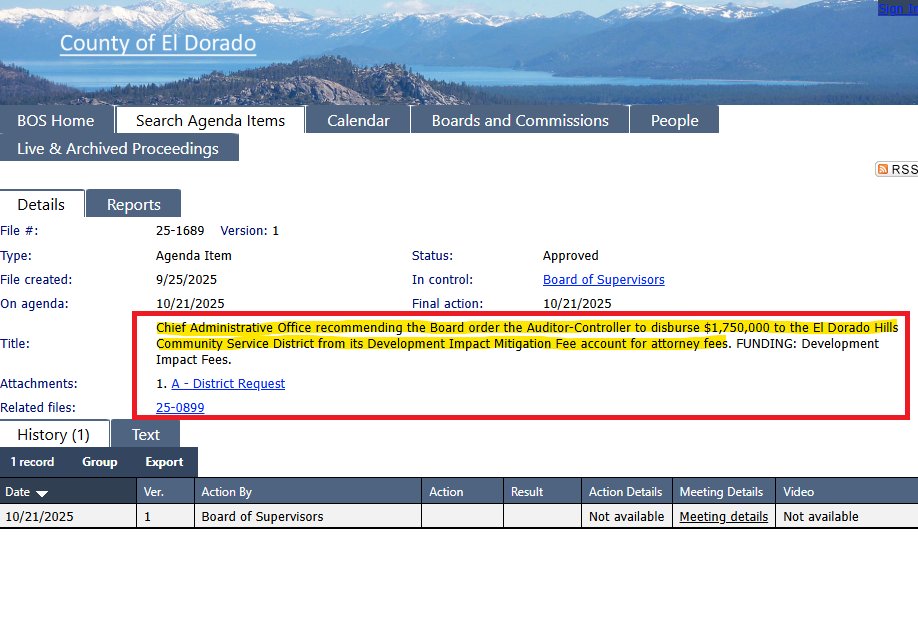 getzworking4us's tweet image. 𝐂𝐨𝐮𝐧𝐭𝐲 𝐑𝐢𝐬𝐤𝐢𝐧𝐠 𝐈𝐥𝐥𝐞𝐠𝐚𝐥𝐢𝐭𝐲 𝐛𝐲 𝐔𝐬𝐢𝐧𝐠 𝐑𝐞𝐬𝐭𝐫𝐢𝐜𝐭𝐞𝐝 𝐈𝐦𝐩𝐚𝐜𝐭 𝐅𝐞𝐞𝐬 𝐟𝐨𝐫 𝐀𝐭𝐭𝐨𝐫𝐧𝐞𝐲 𝐁𝐢𝐥𝐥𝐬!

Yesterday (Oct. 21, 2025), the Board of Supervisors’ Consent Calendar quietly included a request to hand $1,750,000 from the El Dorado…