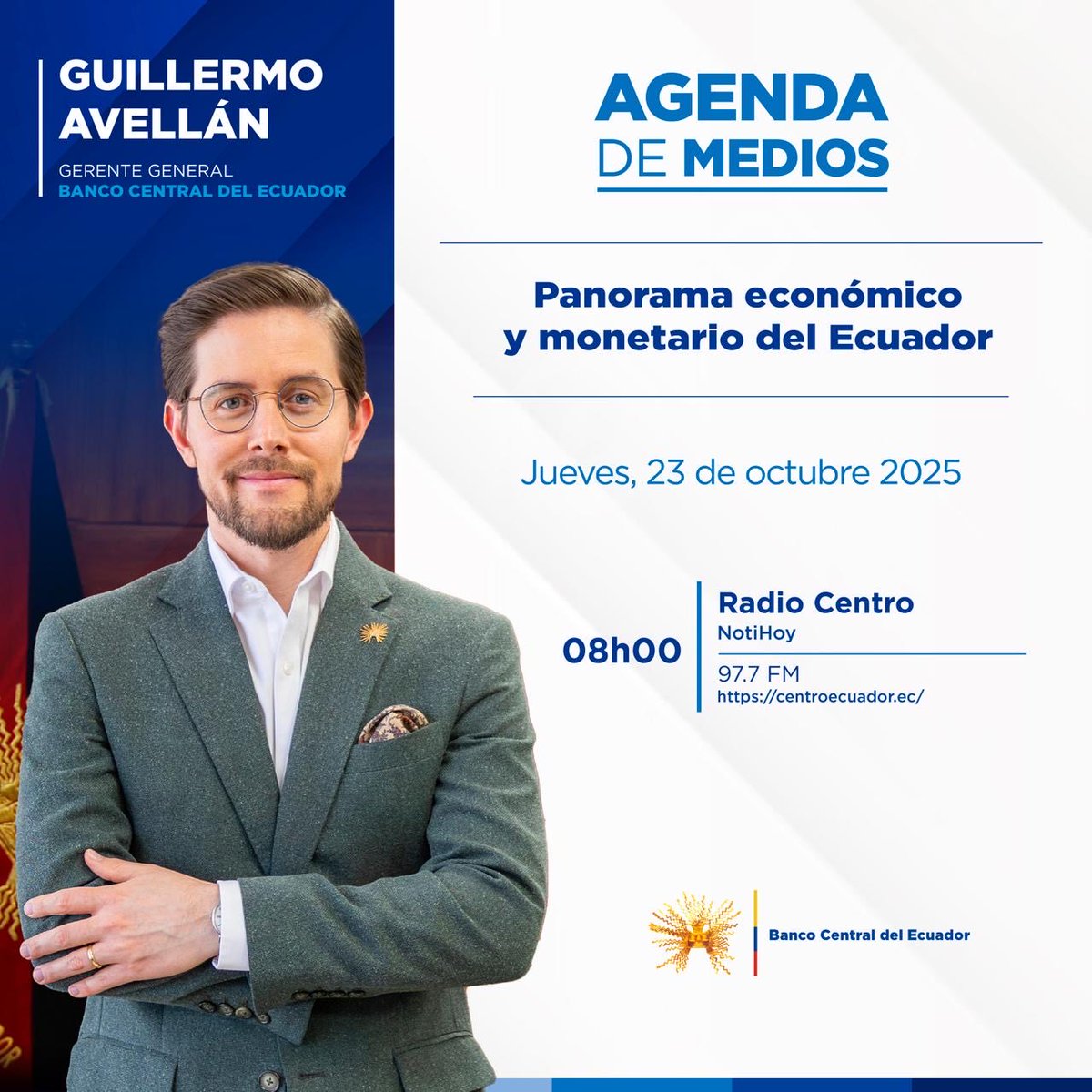 🎙️| Compartimos la agenda de medios del Gerente General del #BCE, <a href="/Gmo_Avellan/">Guillermo Avellán 🇪🇨</a>, donde abordará el panorama económico y monetario del Ecuador.

Siga la entrevista en⬇️

centroecuador.ec
