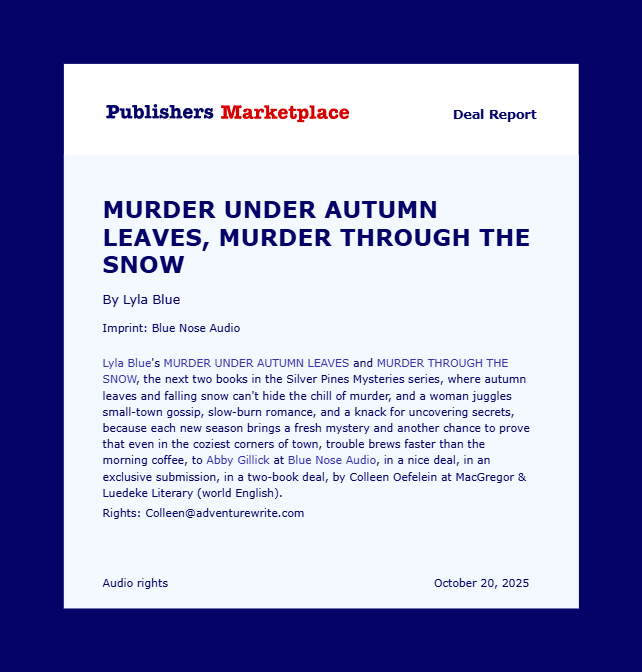 Thank you so much <a href="/BlueNoseAudio/">Blue Nose Audio</a> and my amazing agent, <a href="/eerie_o/">Colleen Oefelein</a>! Thrilled and thankful that two more in the Silver Pines Mysteries series are head to audio!