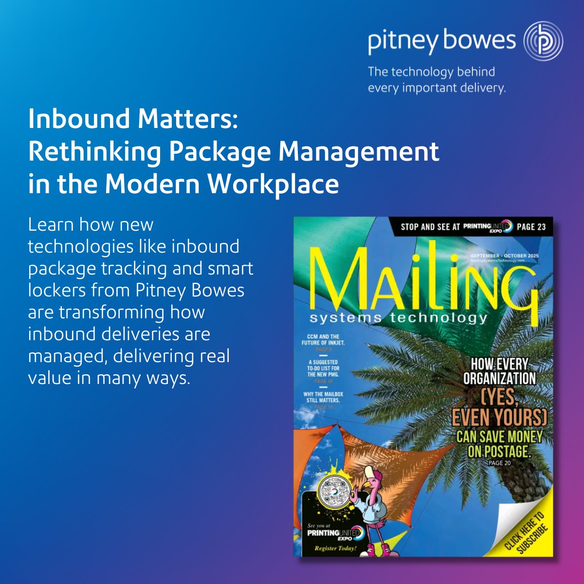 PitneyBowes's tweet image. We’re excited that Mailing Systems Technology recently featured Pitney Bowes and our innovative Inbound Package Management solutions in their Fall Issue. Read more: spr.ly/MST #FeaturedIn #OfficeSolutions #SmartLockers
