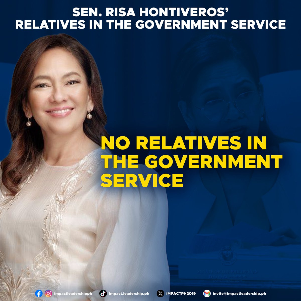 RISA HAS NO RELATIVE IN GOVERNMENT; DECLARES ₱18.98M NET WORTH

Senate Deputy Majority Leader Risa Hontiveros declared that she has no relatives serving in government as she released her 2024 Statement of Assets, Liabilities, and Net Worth (SALN) to the media.

In copies of her