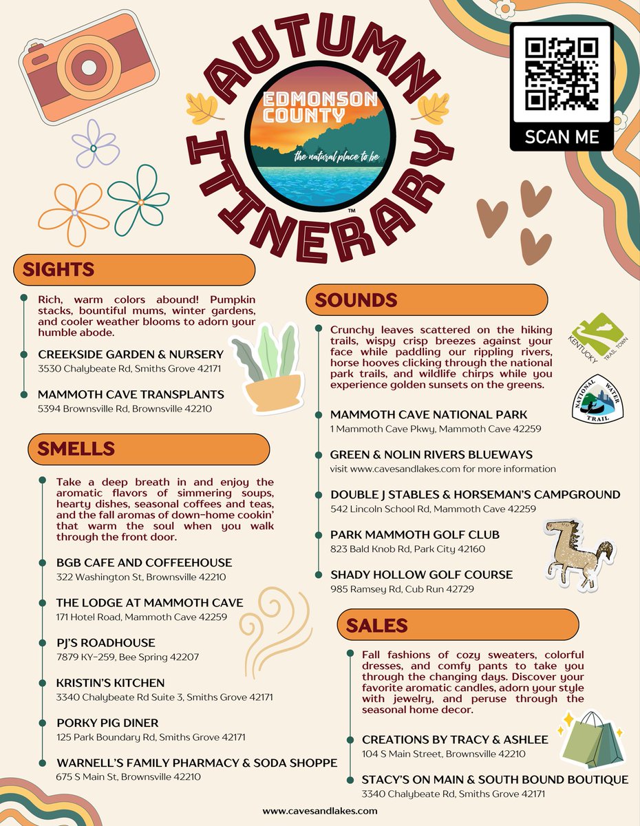 We are inspired by the cooling temperatures and changing leaves to guide you on ways to experience #thenaturalplacetobe in the midst of crisp changing seasons with our Autumn Itinerary. 

Visit cavesandlakes.com for more information on planning your visit to #edmonsoncounty