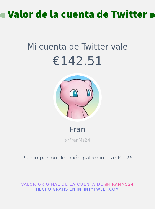 Mi valor en Twitter es de: €142.51

➡️ infintytweet.me/account-worth?…