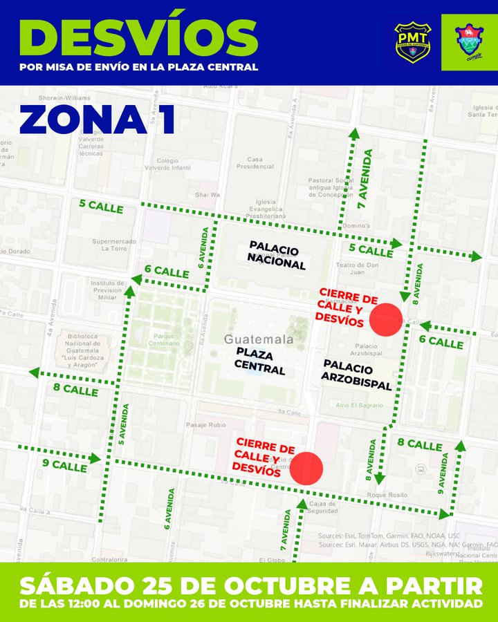 Map of Zone 1 in central Guatemala City showing street closures and detours for an event. Outlines streets like 5 Calle 6 Calle 7 Calle 8 Calle and 9 Calle around Plaza Central Palacio Nacional and Plaza de Guatemala Central. Red highlights indicate closure areas with arrows for detour directions. Green PMT logo in top left and text DesvÃ­os por cierre en la Plaza Central at top. Bottom text SÃ¡bado 25 de octubre a partir de las 3pm al Domingo 28 de octubre hasta finalizar actividad.