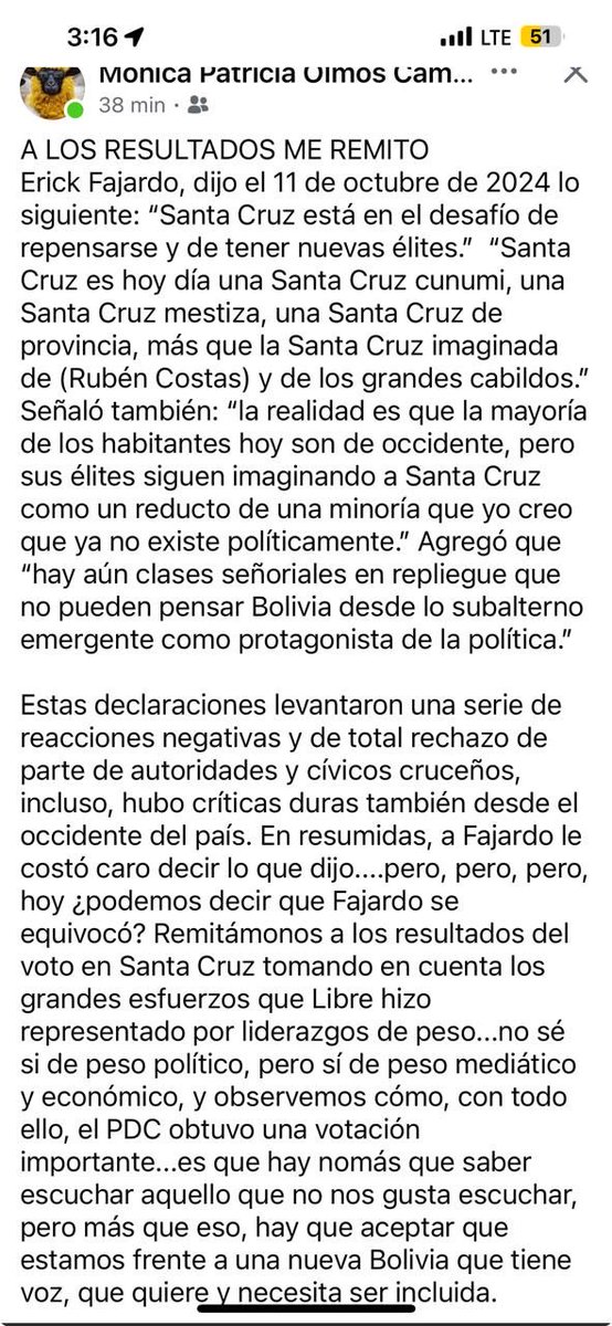 Apedrearon al mensajero hace una año pero su advertencia se hizo trágica realidad para Santa Cruz. ¿Y ahora a quien culpamos, Don Aré? ¿declaramos No Grato al 39%, a la mitad menos uno de los colla-cunumisc a ocho de quince provincias donde perdimos?