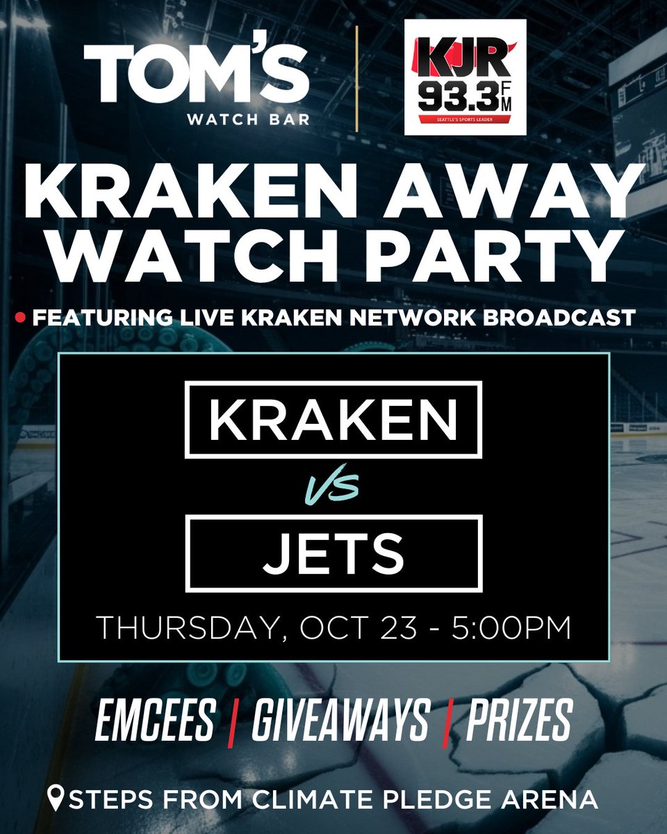 93.3 KJR (@933kjr) on Twitter photo LIVE #SeaKraken BROADCAST: THURSDAY!
We're at Tom's Watch Bar: in Seattle, across the street from Climate Pledge Arena!
+ Faceoff: 5pm PT
+ Pregame: 4:30pm PT
+ <a href="/SeattleKraken/">Seattle Kraken</a> at Winnipeg LIVE #SeaKraken BROADCAST: THURSDAY!
We're at Tom's Watch Bar: in Seattle, across the street from Climate Pledge Arena!
+ Faceoff: 5pm PT
+ Pregame: 4:30pm PT
+ <a href="/SeattleKraken/">Seattle Kraken</a> at Winnipeg