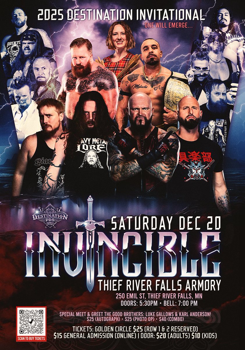 ⚔️ There Can Be Only One! ⚔️ 

🎟️ Front row extremely low (7 remain), still 2nd row and g.a remain! 

🔥 Destination Pro: INVINCIBLE 

📅 Sat, Dec 20 | 📍 Thief River Falls Armory
🚪 5:30 PM | 🔔 7:00 PM 

🎫 Claim your spot among immortals 
🗡 tinyurl.com/DPWInvincible