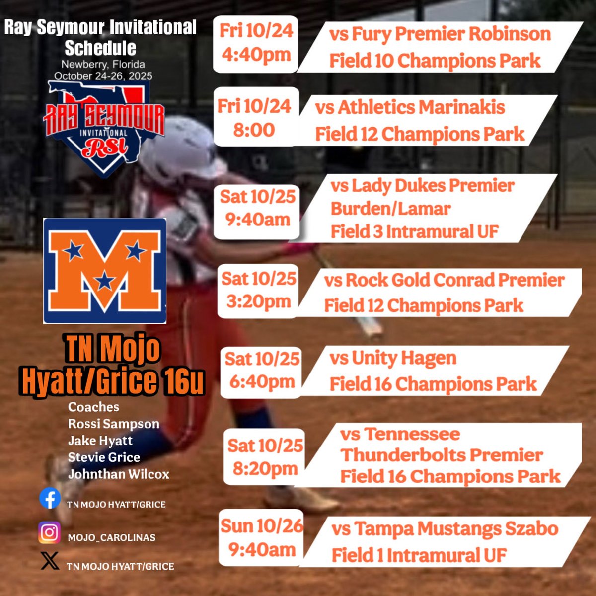 Excited for this weekend to be back on the field with my teammates <a href="/ray_seymour/">Ray Seymour Invitational</a> invitational in Newberry, FL! Here’s our schedule. 
<a href="/Mojo_Carolinas/">TN Mojo Hyatt/Grice</a> <a href="/Jake__Hyatt/">Jake Hyatt</a> <a href="/stevie_grice/">Stevie Grice</a> <a href="/JohnthanWilcox/">Johnthan Wilcox</a>