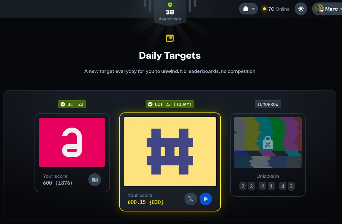 marcrendl's tweet image. It&apos;s been day 38 of #CSSBattleDaily streak!

I haven&apos;t been following minmaxing the character count though as I just want to drill into memory some css. :D

@css_battle