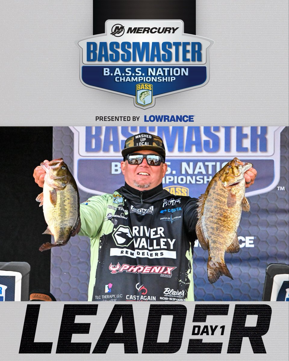 bassmaster's tweet photo. Nick Trim charges into the Day 1 lead of the @MercuryMarine B.A.S.S. Nation Championship presented by @LowranceFishing with 21 pounds!
#bass #bassmaster #BassNation #leader #fishlacrosse #wisconisn https://t.co/oelydCiIB9