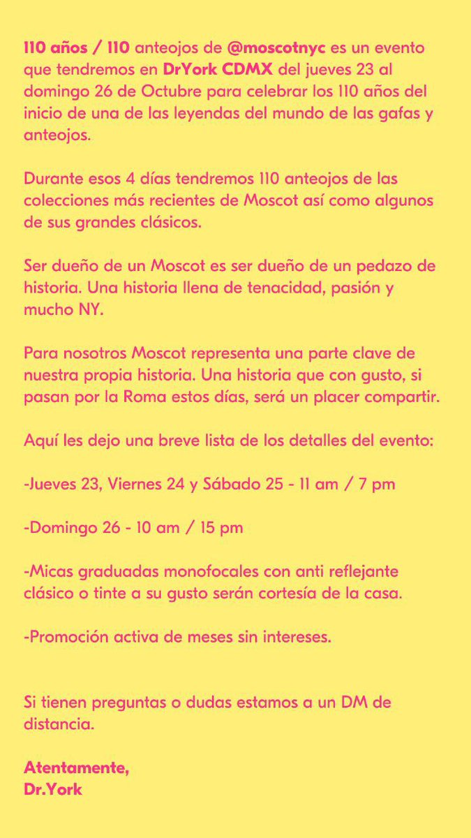 110 años de <a href="/MOSCOT/">MOSCOT</a> 110 piezas en <a href="/Dr_York/">Dr.York</a> los esperamos del 23 al 26 de octubre en Álvaro Obregón 187 Colonia Roma