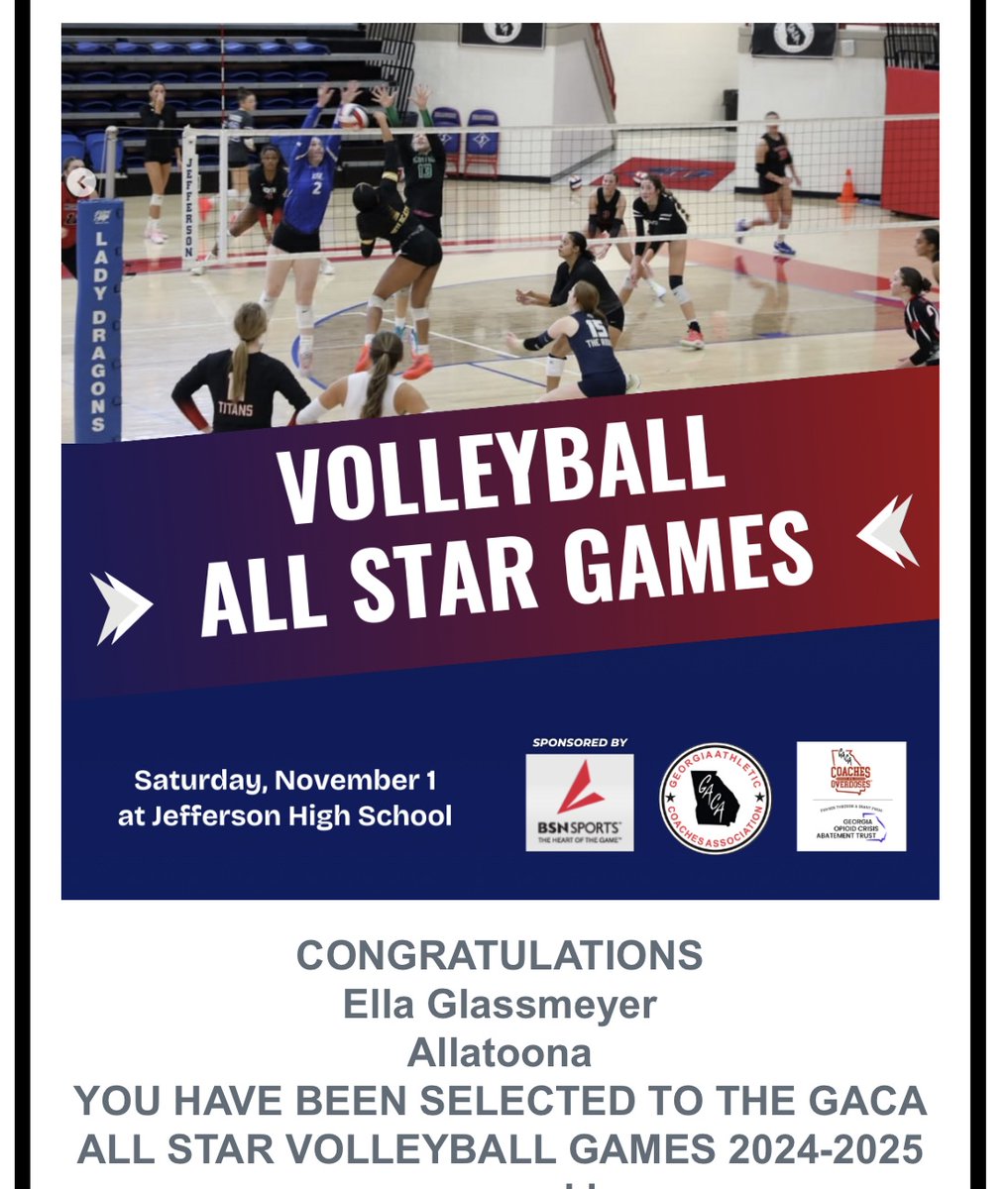 EllaGlassmeyer's tweet photo. Honored to be recognized by the GACA and selected to participate in the Georgia All-Star Volleyball Games. https://t.co/EbI4KbuKqW