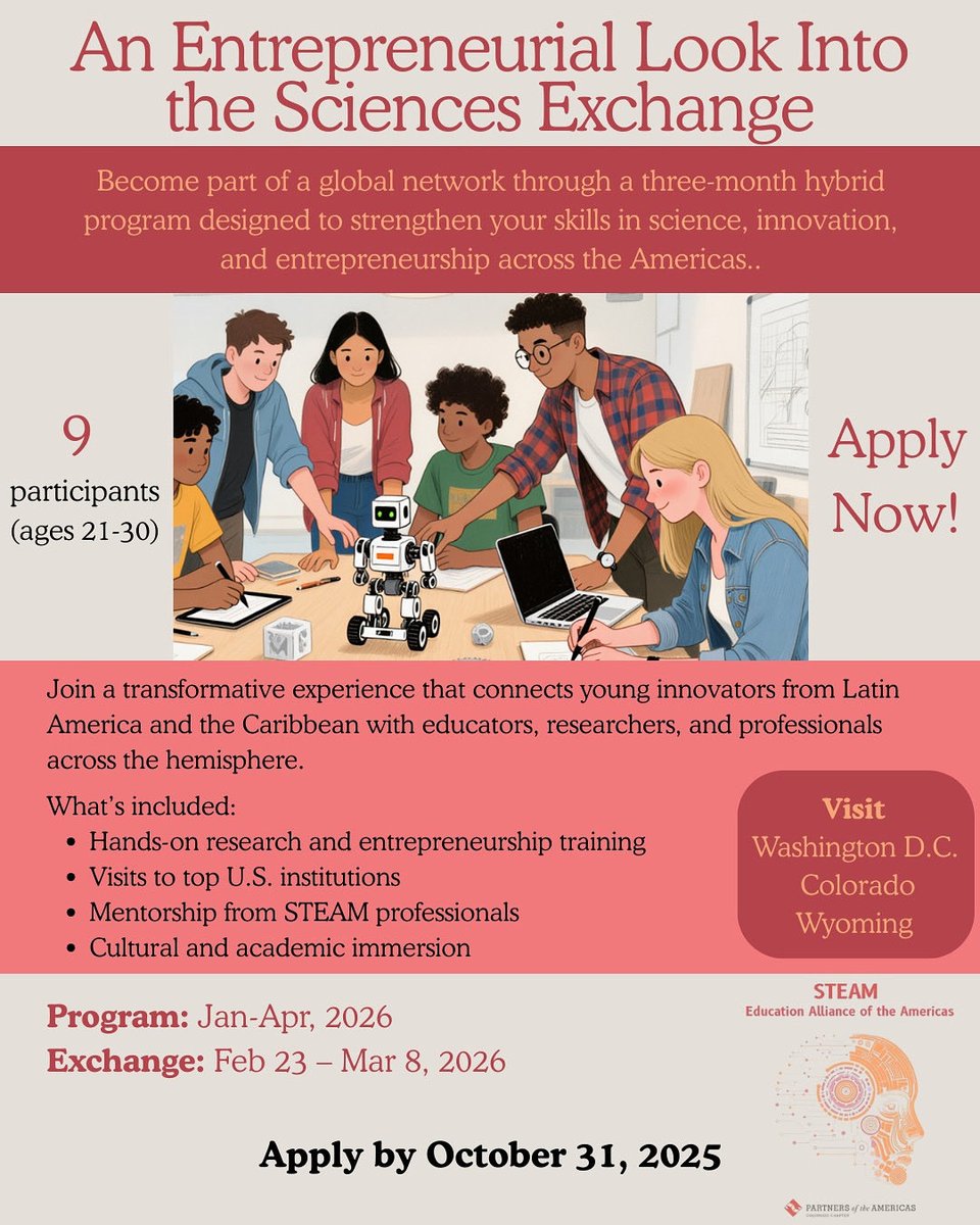 CO_Partners's tweet photo. You still have time to apply to the STEAM Education Alliance: An Entrepreneurial Look into the Sciences Exchange

Apply before Oct 31: https://t.co/GmaYCDSNXL

#STEAM #COPoA #Colorado #PartnersOfTheAmericas #PoA #Exchange #Education #Culture #STEM #USA #CO #WY #DC https://t.co/mfoKuaztow