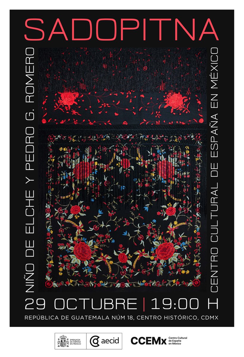 🎨 sadopitnA llega al CCEMx | Miércoles 29/10 #NocheDeMuseos

Niño de Elche y Pedro G. Romero ponen el flamenco del revés y boca abajo, explorando cruces culturales entre Asia, Abya Yala y Al-Ándalus.
🎧 Con Natalia Álvarez, Citlali Córdova y Larisa Escobedo.

🔗 Más info: