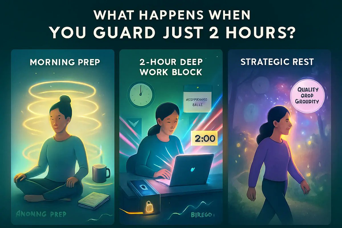 SmartStacked's tweet image. 95% of creators burn out working 8 hours. Top performers use a 2-hour deep work system during peak brain hours. The science-backed routine that triples creative output. What you&apos;re doing wrong in 2025 👇
#Workflow #Creators #Productivity 

smartstacked.blogspot.com/2025/10/creato…