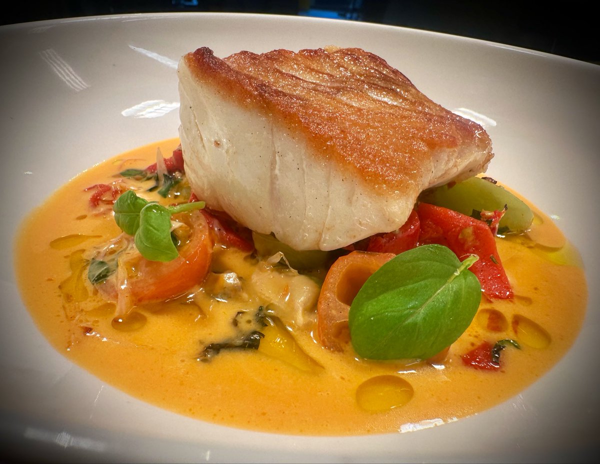 Roast cod, local tomatoes, piquillo peppers, Nduja beurre blanc &amp; basil #proper
