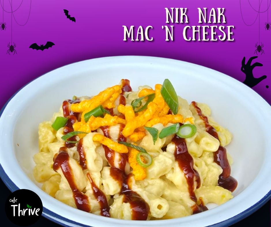 cafe_thrive's tweet image. 🔥💀 Risen from the cheesy crypt!
The Nik Nak Mac ’N Cheese is BACK!
Cheezy mac loaded with BBQ sauce, ‘Rib ’n Saucy’ Nik Nak pieces &amp;amp; spring onion.
One bite and you’re possessed 👻

#BackFromTheDead #HalloweenMenu #MacNCheese #SpookyEats
