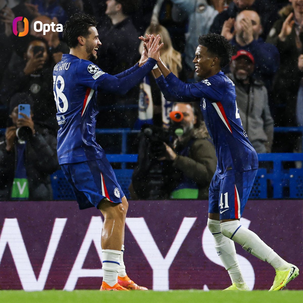 OptaJoe's tweet image. 3 - In Marc Guiu (19), Estêvão (18), and Tyrique George (19), Chelsea are the first side in UEFA Champions League history to see three different teenagers score for them in a single match. Kicks.