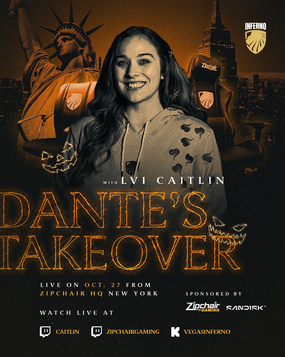 We're heading to New York!! 🗽🔥

Catch <a href="/asmrkitten/">Caitlin</a> live from <a href="/ZipchairGaming/">Zipchair Gaming</a> HQ on Oct. 27 for a spooky stream full of energy, chaos, and Inferno vibes. 👻

🎮 Watch live on <a href="/Twitch/">Twitch</a> &amp; <a href="/KickStreaming/">KICK</a> 
🟣twitch.tv/caitlin
🟣twitch.tv/zipchairgaming
🟢kick.com/vegasinferno