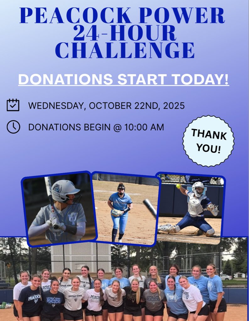 🦚 It’s GO TIME! Peacock Power Day is officially here!
Help support Upper Iowa Softball during our 24-hour challenge 💙 Every gift makes a difference!
🔗 uiupeacocks.com/Power25SB
#PeacockPower #UIUSoftball #GoPeacocks #BuiltToLast