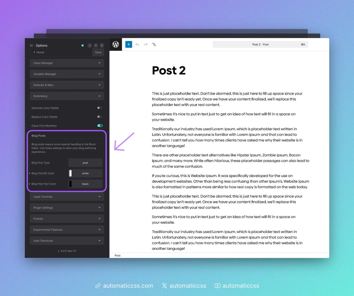 AutomaticCSS's tweet image. A Better Blog Post Authoring Experience in ACSS 4.0!

One of the biggest failures of Gutenberg is its inability to distinguish context properly. For example, if your website uses a black background and white text, Gutenberg will offer you a black background and white text.

This…