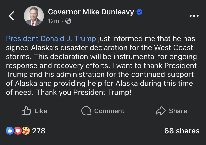 Alaska Governor Mike Dunleavy <a href="/GovDunleavy/">Governor Mike Dunleavy</a> says President Trump has signed a federal disaster declaration for the Western Alaska storms and flooding that has forced thousands to relocate.