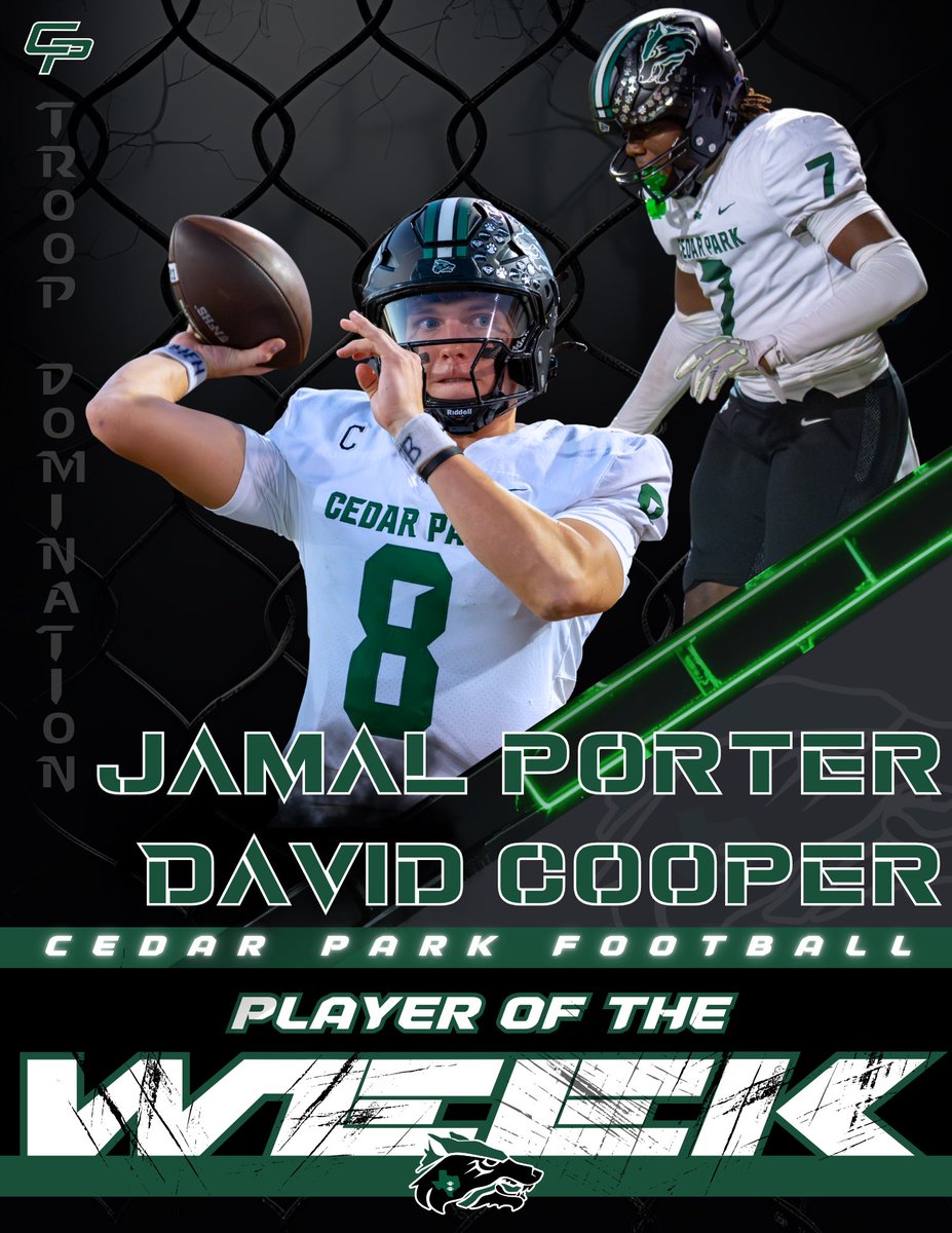 Cedar_ParkFB's tweet photo. 🚨Players of the Game🚨
Our week 7 players of the game go to some dudes that impacted the game in all phases and had a relentless effort all night! Congrats men, you EARNED it!! 
@aluko_jimi @davidcooper2027 @Jamal_Porter7 and Bennett Patton!! 

#OneStandard 
@CoachQCPProud https://t.co/Z2d8amRT5w