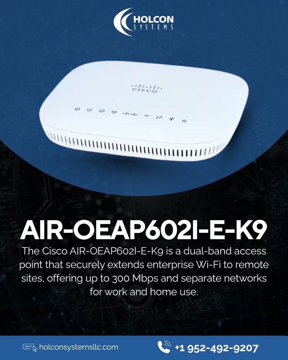 exciscokit's tweet image. Boost your connectivity with the Cisco AIR-OEAP602I-E-Kg! This powerful dual-band access point securely extends enterprise Wi-Fi to remote sites, ensuring fast, reliable connections up to 300 Mbps.  
#holconsystems #networkingsolutions #ithardware #networkefficiency