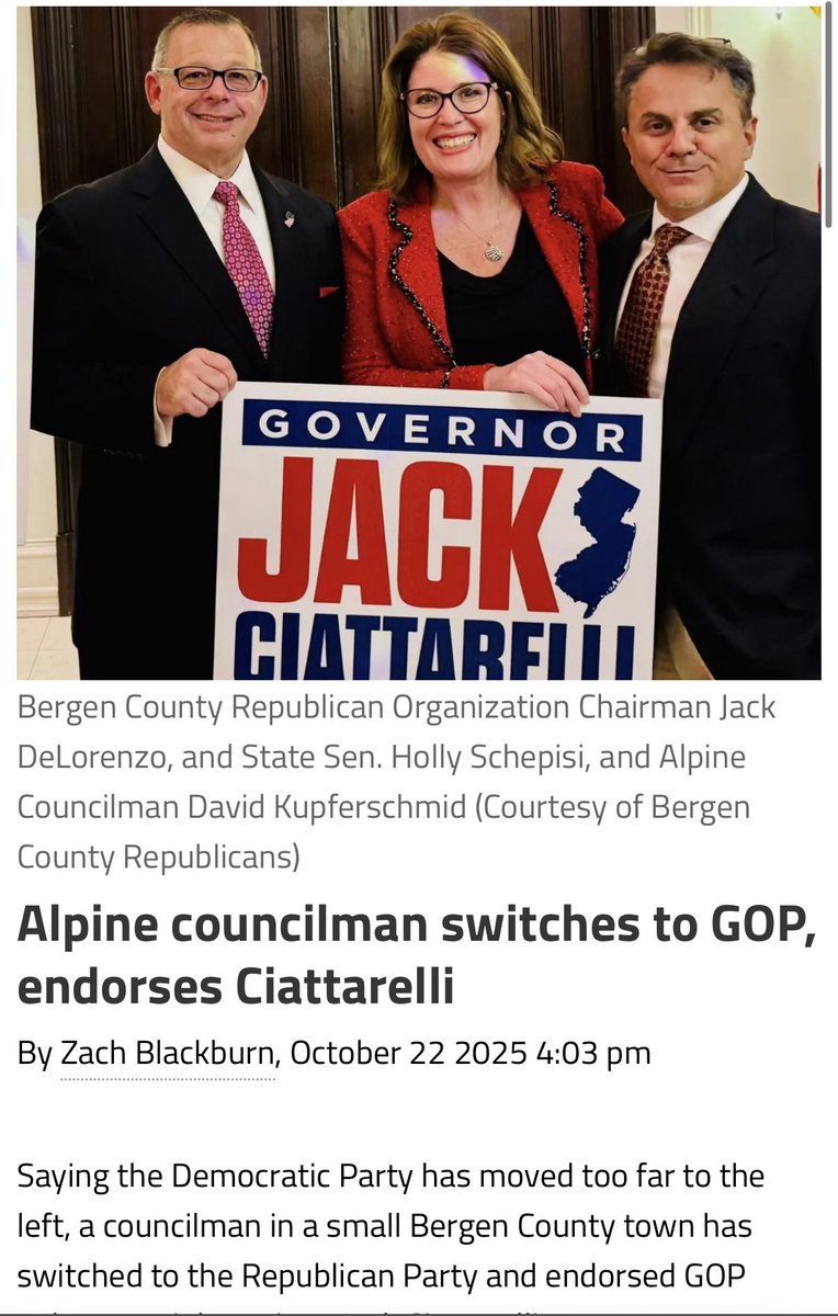 🚨NEW JERSEY NEWS

DEMOCRAT councilman in Alpine NJ, David Kupferschmid has SWITCHED parties to Republican 🔵-&gt;🔴 and has officially endorsed Jack Ciattarelli for Governor 

David is now the first Republican councilman in Alpine in 25+ years

More NJ Dems are jumping ship weekly