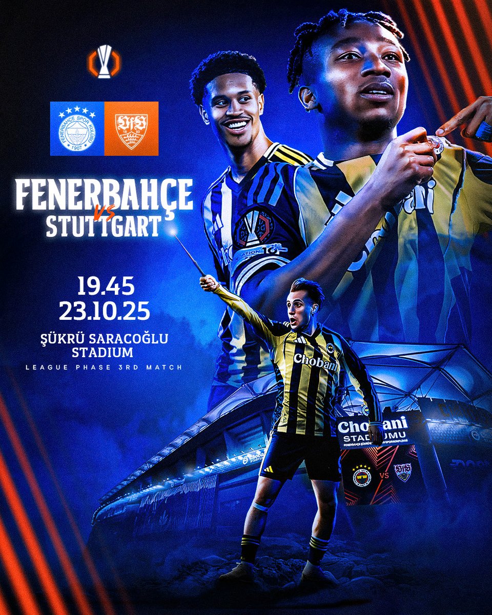 Fenerbahce's tweet photo. 🏆 #UEL Lig Aşaması 3. Maç
🆚 VfB Stuttgart
🗓 23 Ekim Perşembe
🕗 19.45
📍 Fenerbahçe Şükrü Saracoğlu Spor Kompleksi
📲 #UEL #FBvSTU https://t.co/sXuQY6LI7w