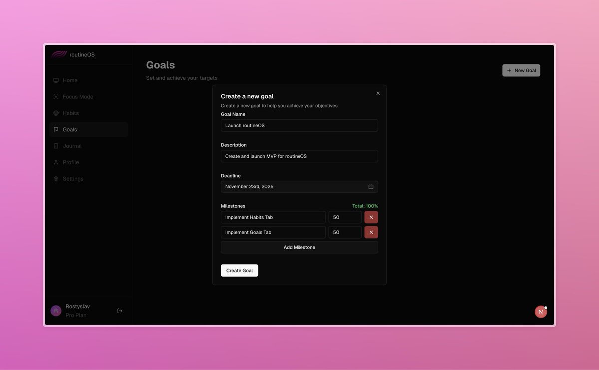 bezverkhnii_'s tweet image. Day 4 & 5 of building Routine OS 🧩
Day 4 → Added custom frequency for habits (pick specific days!) + updated UI
Day 5 → Designed & implemented the Goals tab — goal creation, milestones, and progress tracking 🎯
#buildinpublic #indiehacker #routineos #nextjs #supabase