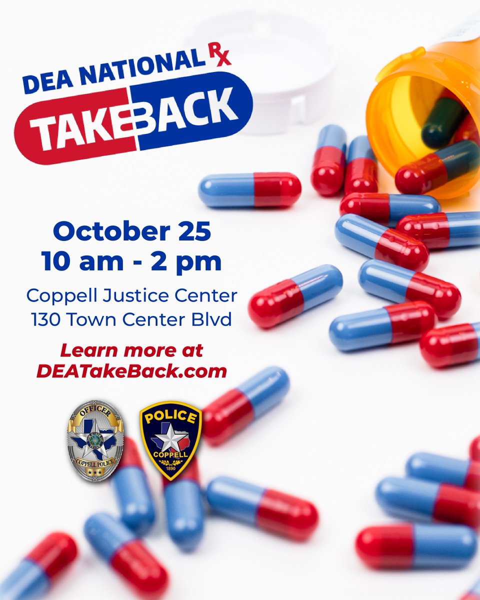 Coppell Police Dept. (@coppellpolice) on Twitter photo The countdown is underway! Only a few days left until the DEA National #TakeBackDay!
Are you prepared to join in? Stop by the Coppell Justice Center this Saturday and get rid of those old prescriptions to make a difference! The countdown is underway! Only a few days left until the DEA National #TakeBackDay!
Are you prepared to join in? Stop by the Coppell Justice Center this Saturday and get rid of those old prescriptions to make a difference!