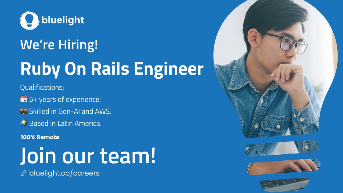 bluelightco's tweet image. At #Bluelight, we're all about pushing the limits and building pioneering software solutions for our clients. If you have a passion for #RubyonRails Development and thrive in a modern, dynamic work environment, this opportunity might just be the perfect fit for you!
