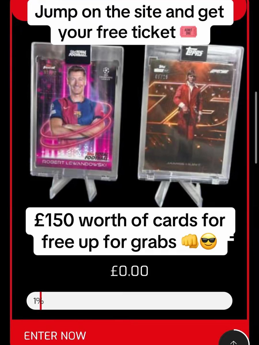 Don’t miss out on your free ticket 🎟️ for this draw 😎👊

£150 worth of cards up for grabs for free 🤩

sportscardcompetitions.co.uk