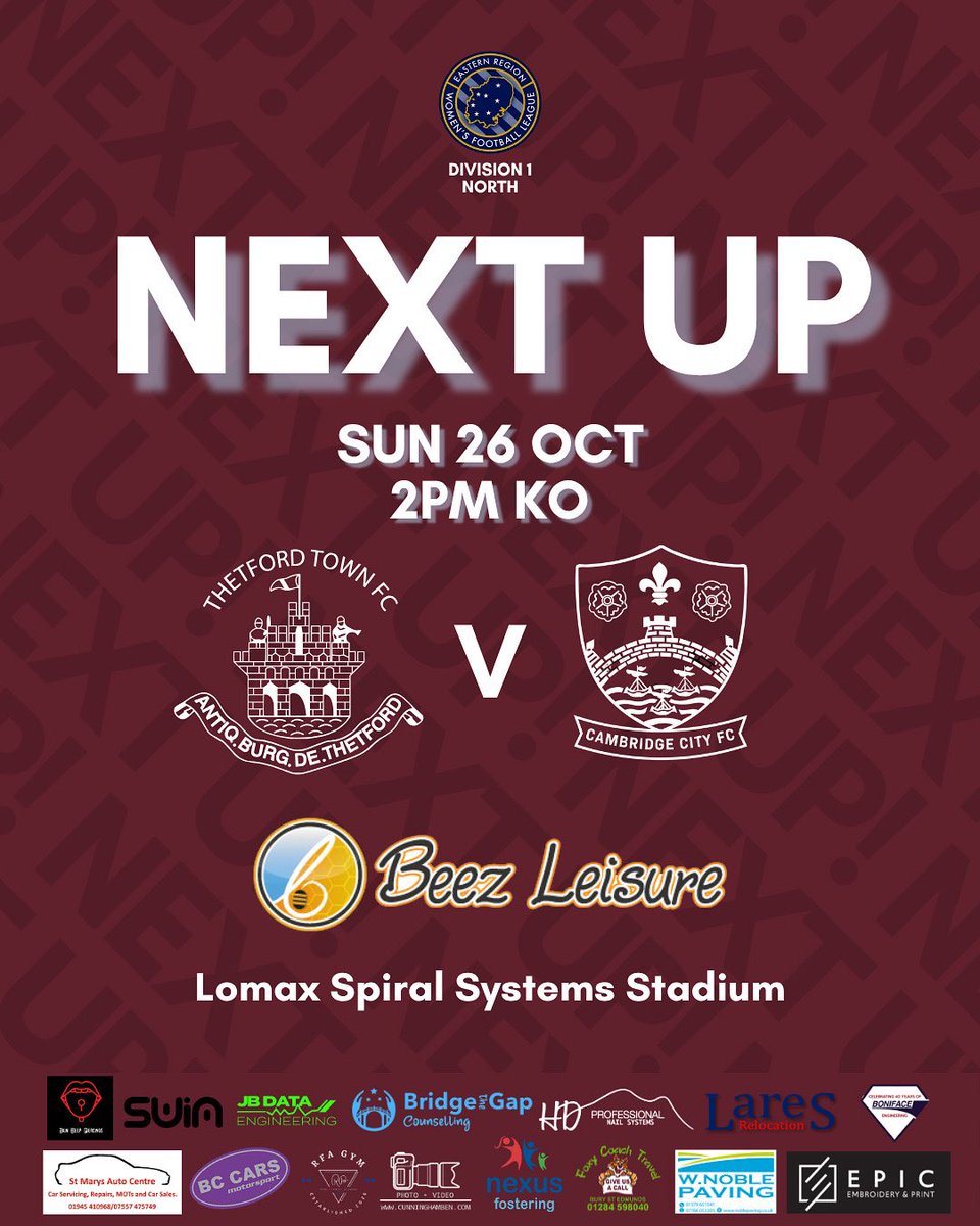 ❗️NEXT FIXTURE❗️
This Sunday we host Cambridge City Women at the Lomax Spiral Systems Stadium.

🗓️ Sun 26 Oct | ⏰ KO 2pm
📍 Lomax Spiral Systems Stadium
🎟️ Adults £4 | U16 £2
🍺 Bar open | 🚗 Park: Healthy Living Centre (IP24 1JD)
⏱️ Gates open 12:45pm

💜💙