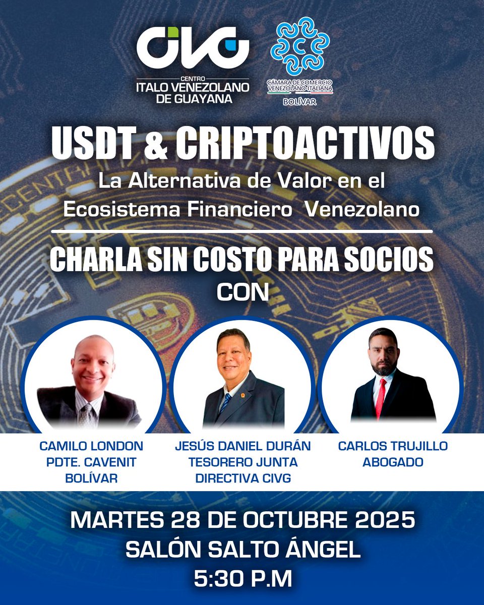 💎 ¡EL FUTURO FINANCIERO LLEGA AL CIVG! 💎

Descubre el potencial de las criptomonedas y los USDT en una charla gratuita para nuestros socios.

USDT &amp; Criptoactivos: La Alternativa de Valor en el Ecosistema Financiero Venezolano

_
#CIVG #USDT #Criptoactivos #CharlasFinancieras